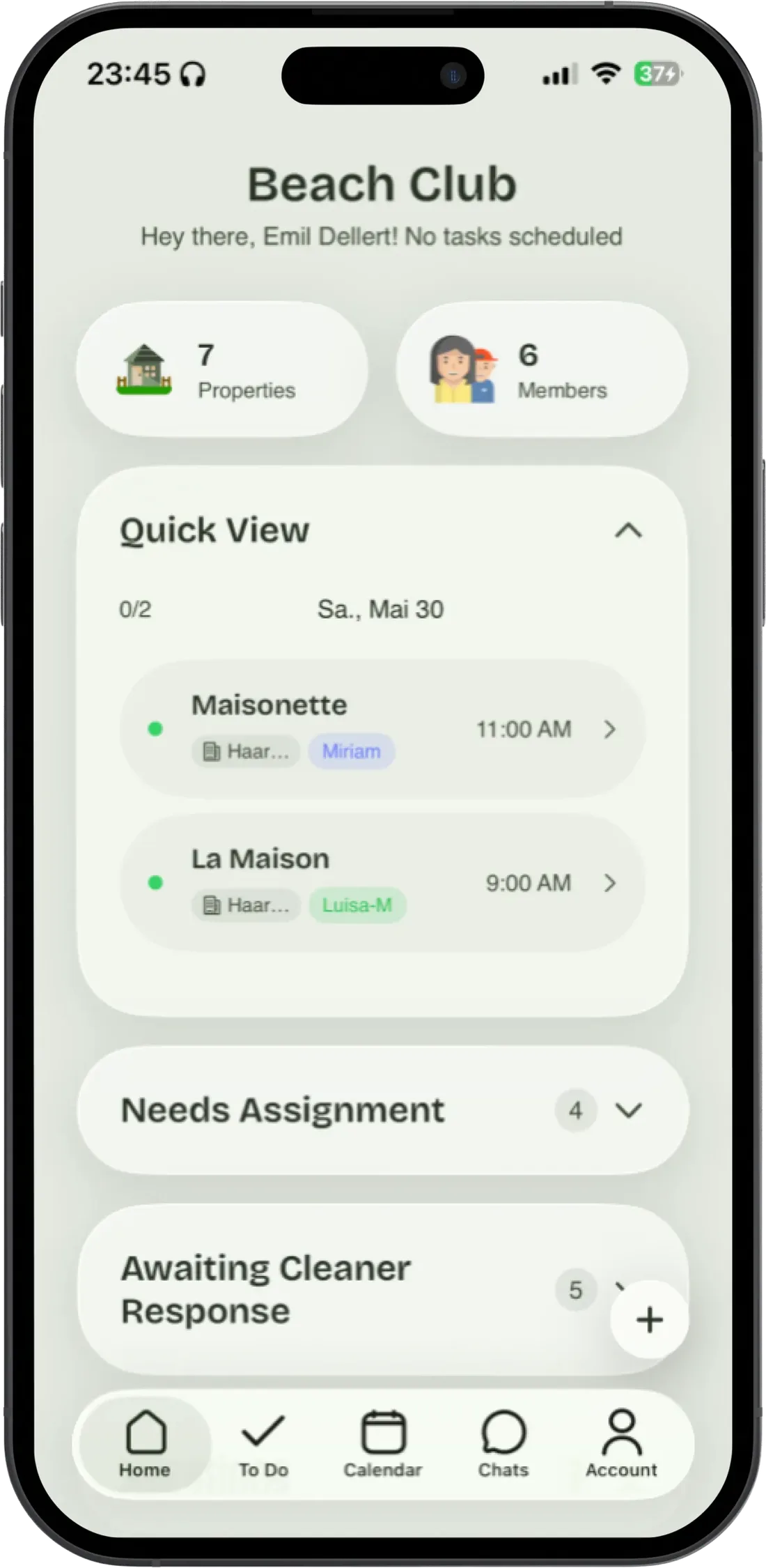 The Staymaker app's Today screen on an iPhone, showing the day's cleanings with property, time and assigned cleaner.