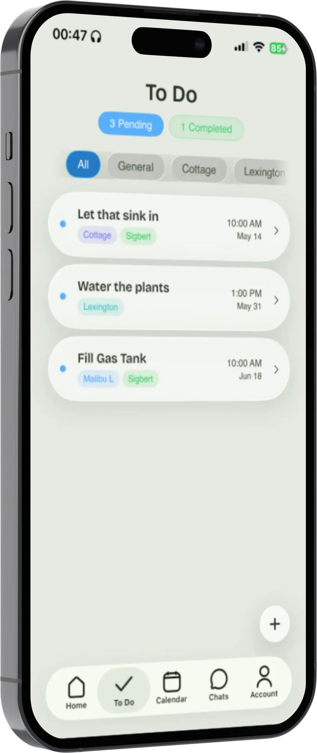 The Staymaker app's to-do list on an iPhone, showing cleaning tasks across several properties.