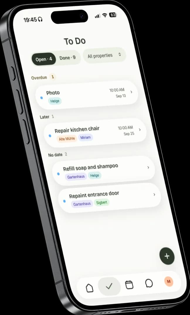 The Staymaker app's to-do list on an iPhone, showing cleaning tasks across several properties.